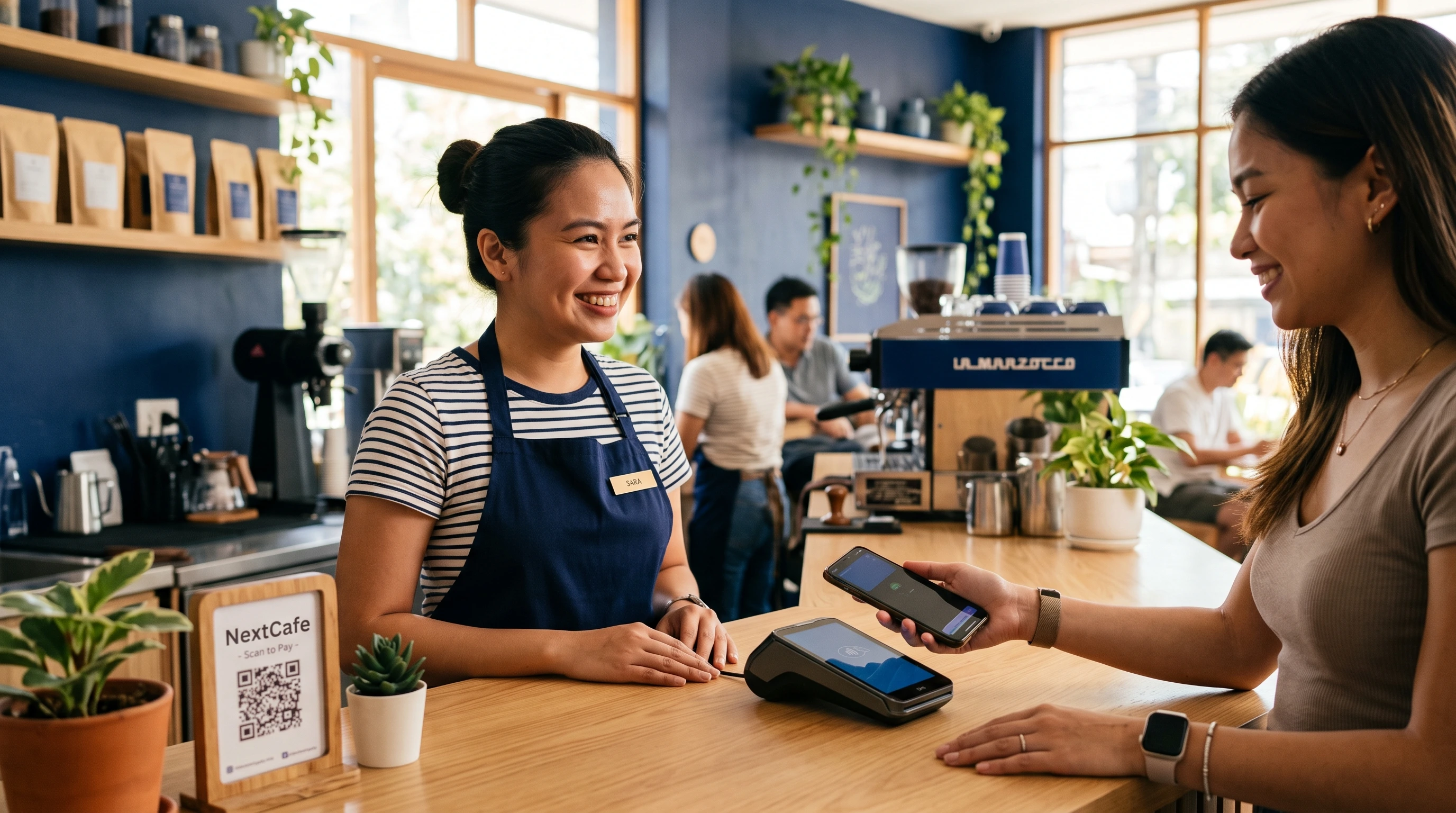 A Filipino café cashier smiles as a customer taps a smartphone and smartwatch on a contactless payment terminal, next to a QR code Scan to Pay stand on the counter