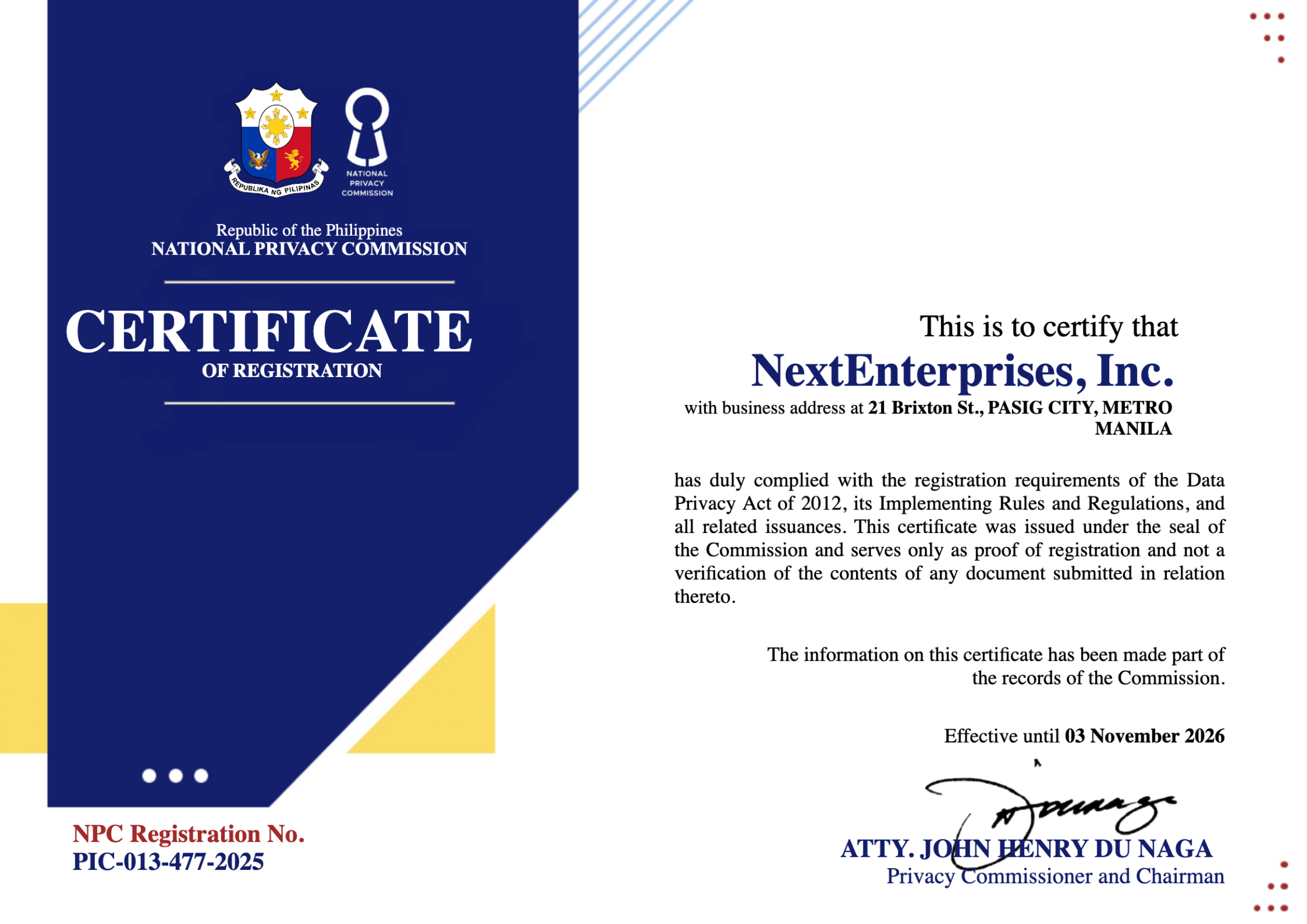 NextPay NPC Certificate of Registration