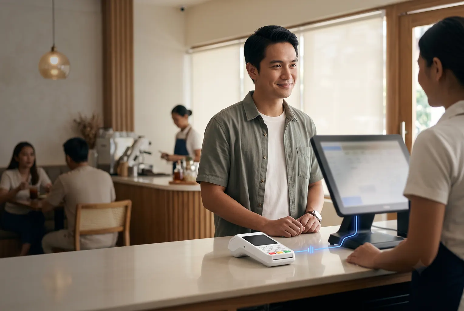 A customer paying by card at a café counter, the terminal linking the payment to the cloud-POS tablet